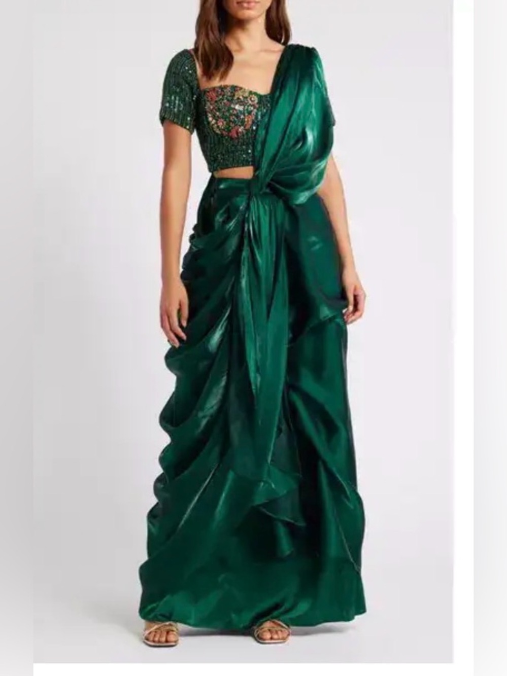 NWOT Sani Adya Drape Saree Emerald Green Draped Satin Skirt only no top Sz S